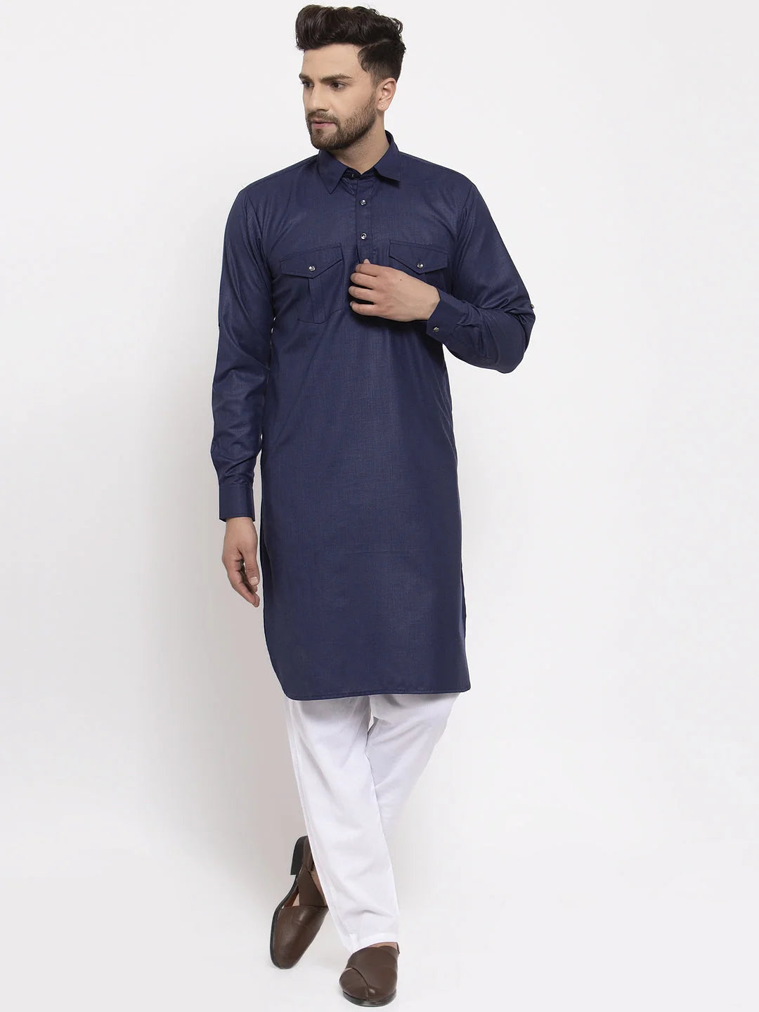Men Navy-Blue Solid Kurta with White Pyjamas