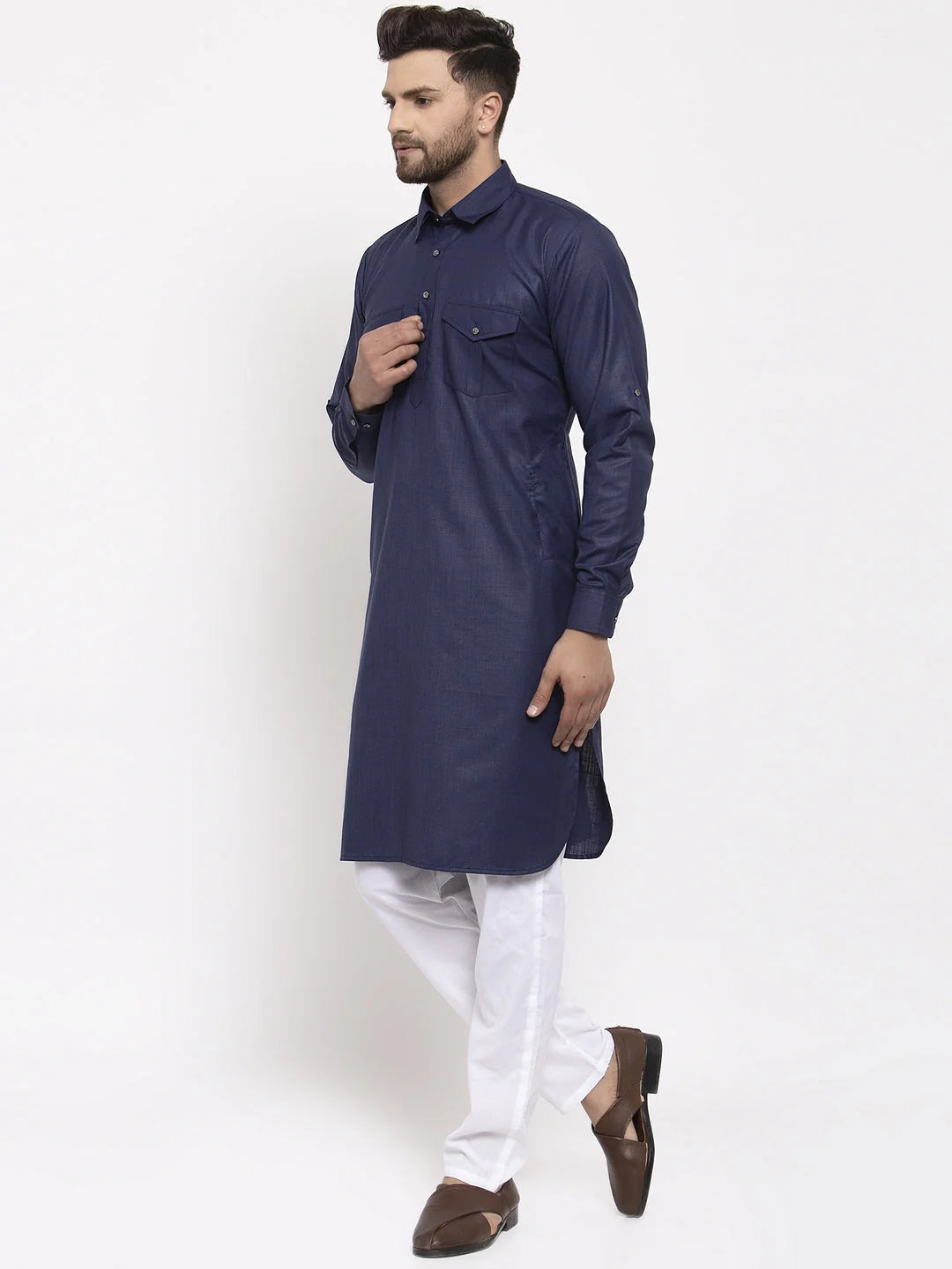 Navy Blue Kurta Pajama Set for Men - Cotton Pathani Kurta