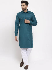 Men Teal Solid Kurta with White Pyjamas