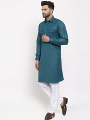 Men Teal Solid Kurta with White Pyjamas