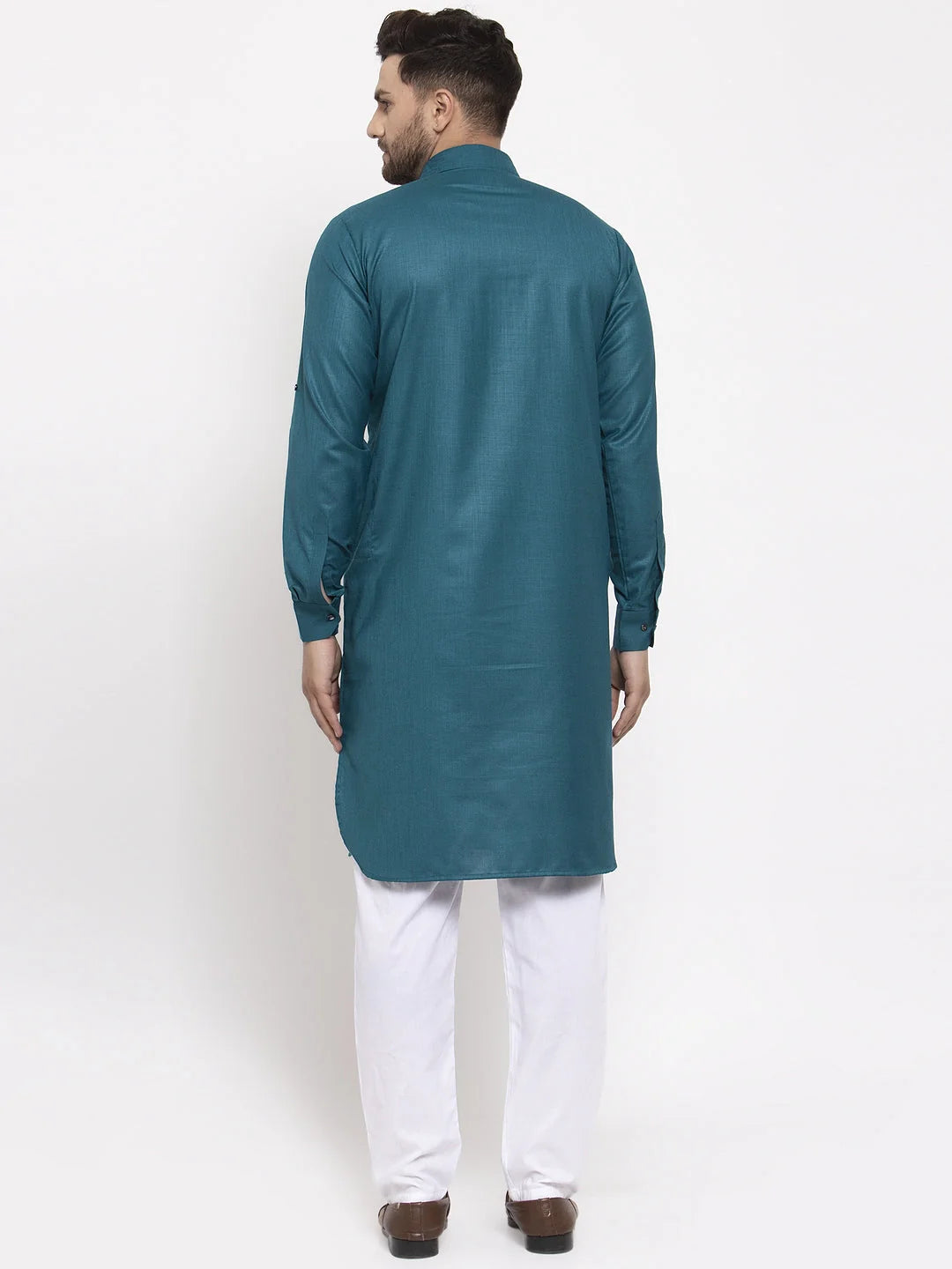 Teal Solid Kurta Pajama Set - Men's Cotton Pathani Style