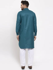 Men Teal Solid Kurta with White Pyjamas