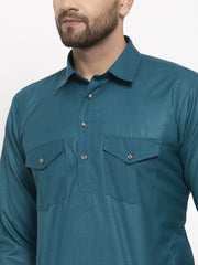 Men Teal Solid Kurta with White Pyjamas