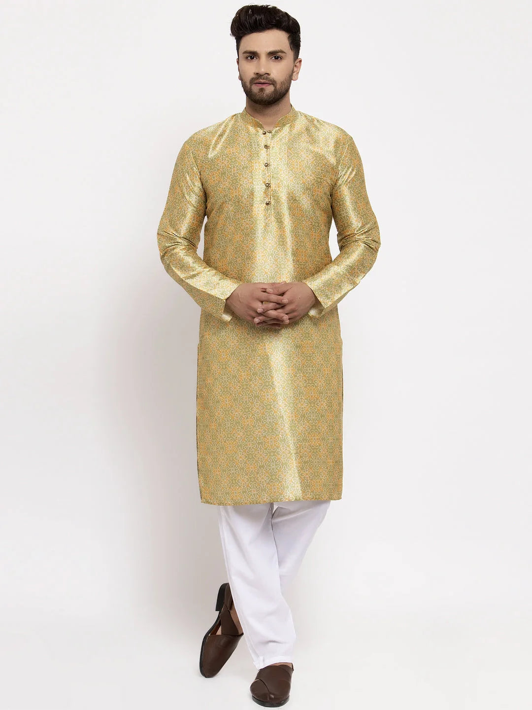 Men Green & Gold-Toned Woven Design Kurta with Pyjamas