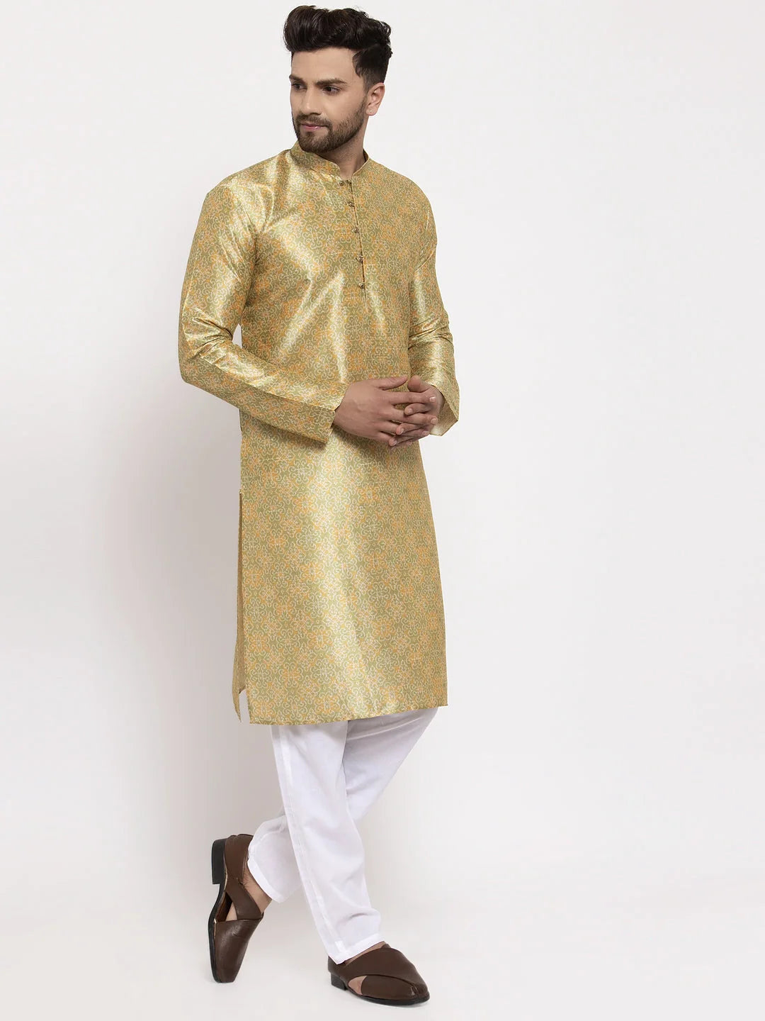 Men Green & Gold-Toned Woven Design Kurta with Pyjamas