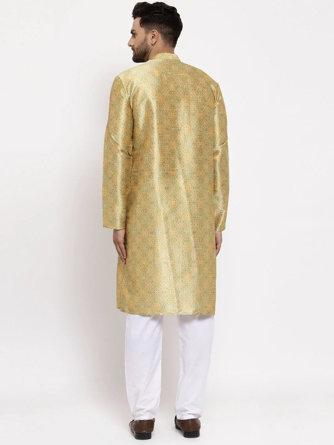 Men Green & Gold-Toned Woven Design Kurta with Pyjamas