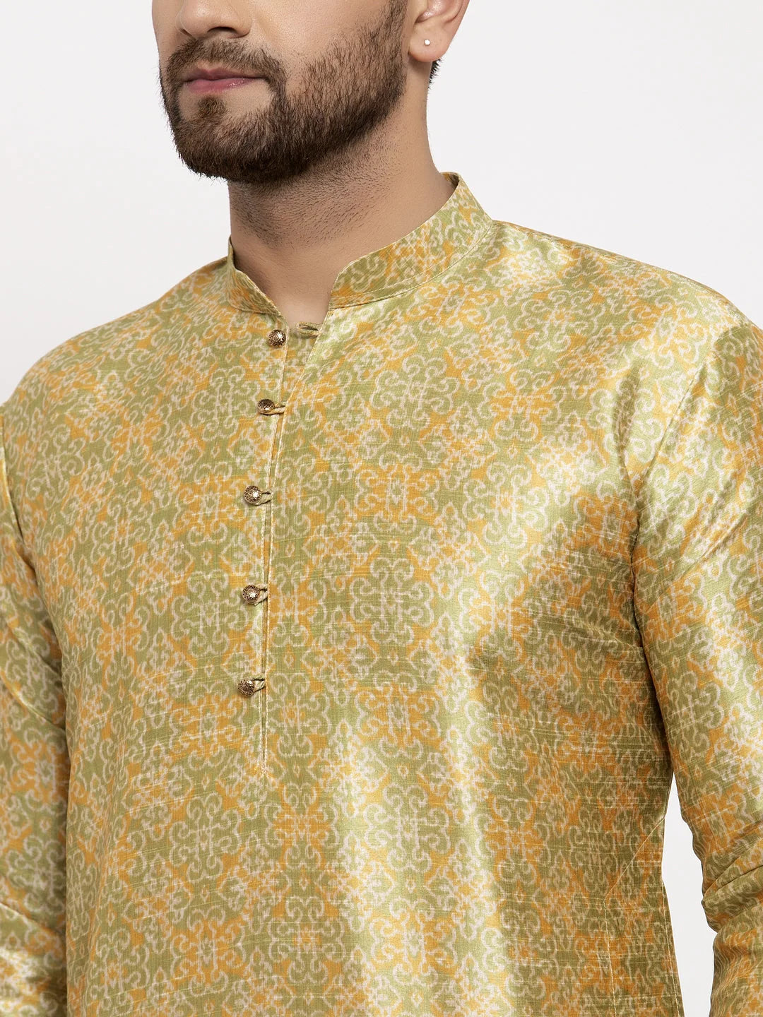 Men Green & Gold-Toned Woven Design Kurta with Pyjamas