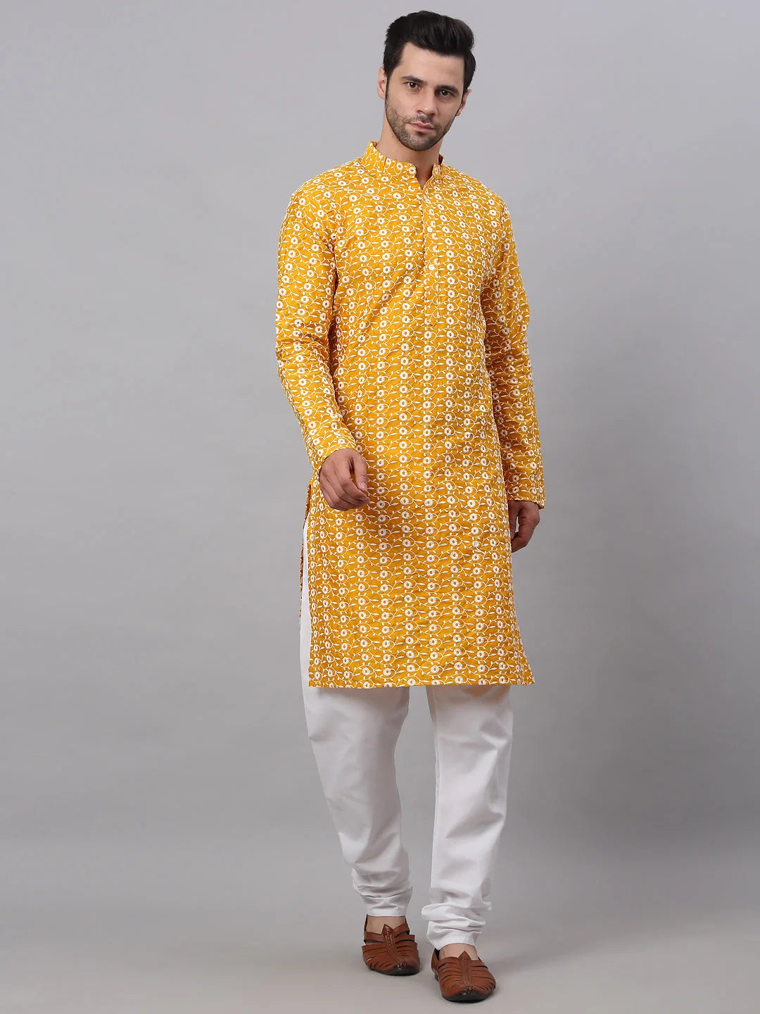 Men Mustard Embroidered Kurta with Pyjamas ( JOKP 633Mustard )-JOKP-633
