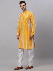 Men Mustard Embroidered Kurta with Pyjamas ( JOKP 633Mustard )-JOKP-633
