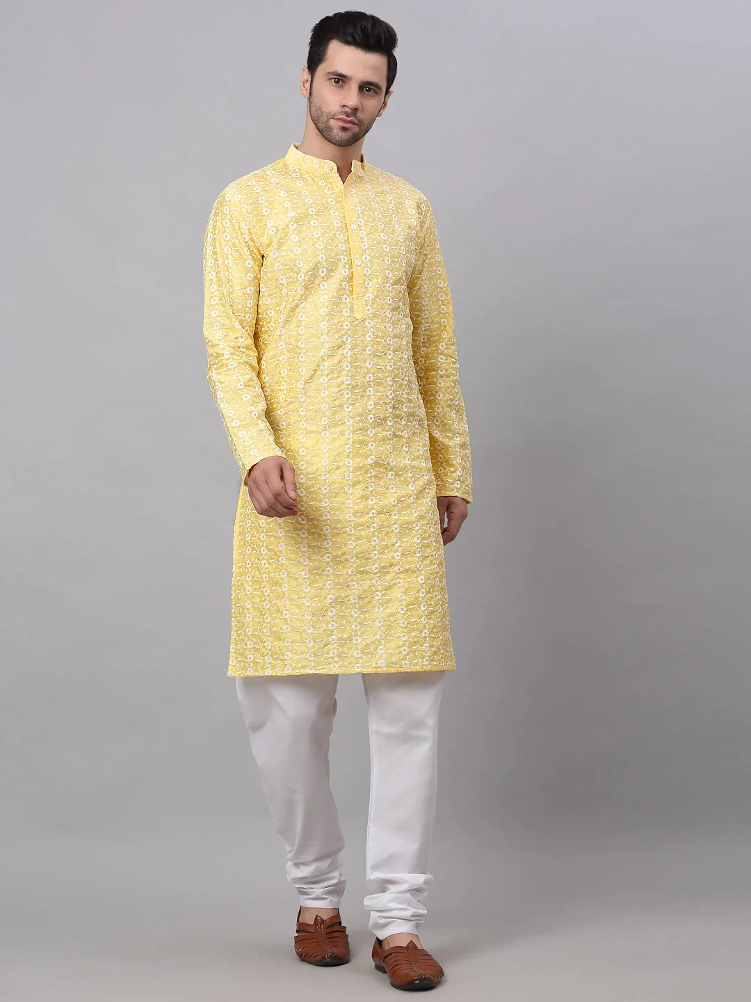 Yellow Embroidered Men's Kurta Pajama Sets | Cotton Fabric