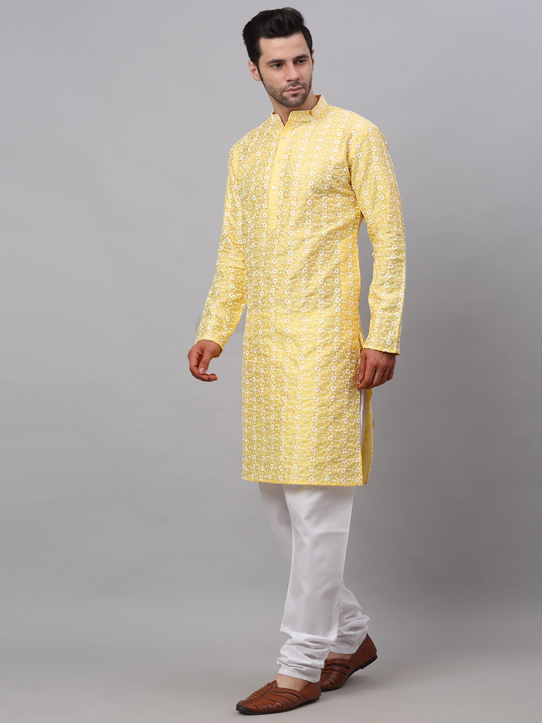 Yellow Embroidered Men's Kurta Pajama Sets | Cotton Fabric