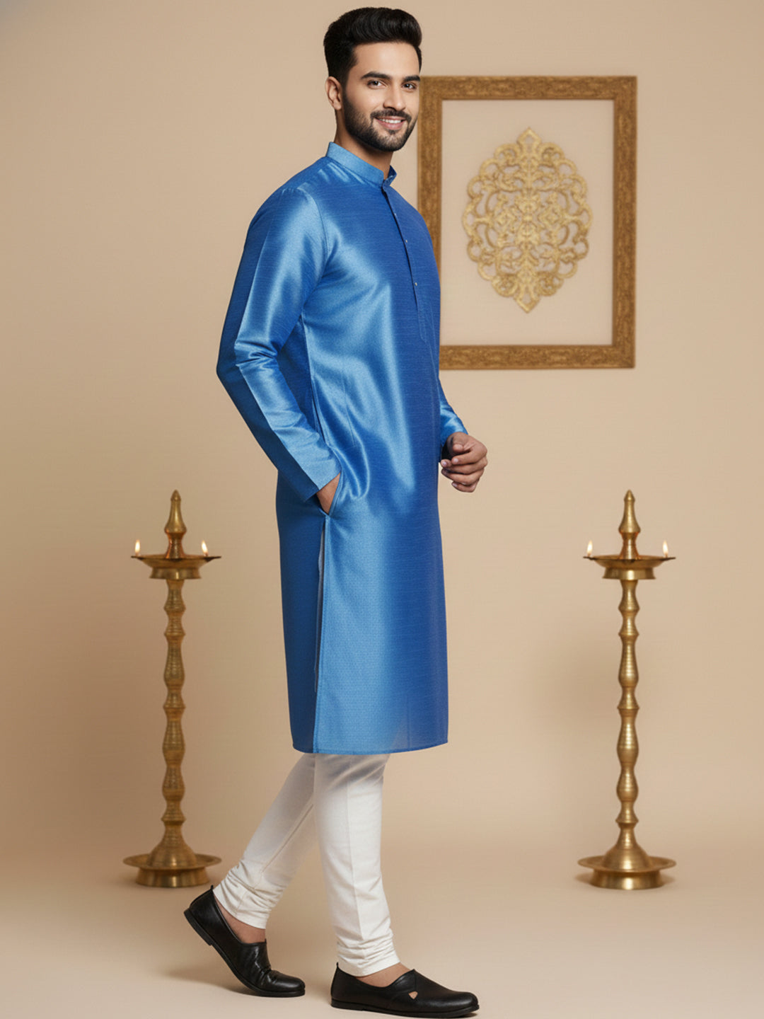DesiQlo Men Solid Kurta Pyjama Set - Blue - JOKP_636Blue_S