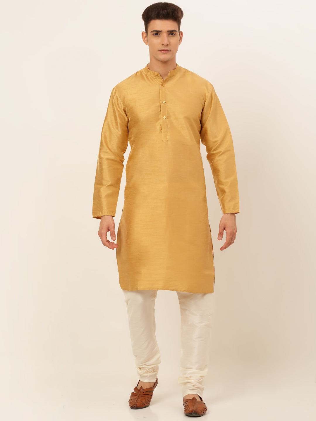Men's Solid Kurta Pajama Set | Golden Silk Dupion | Buy Now
