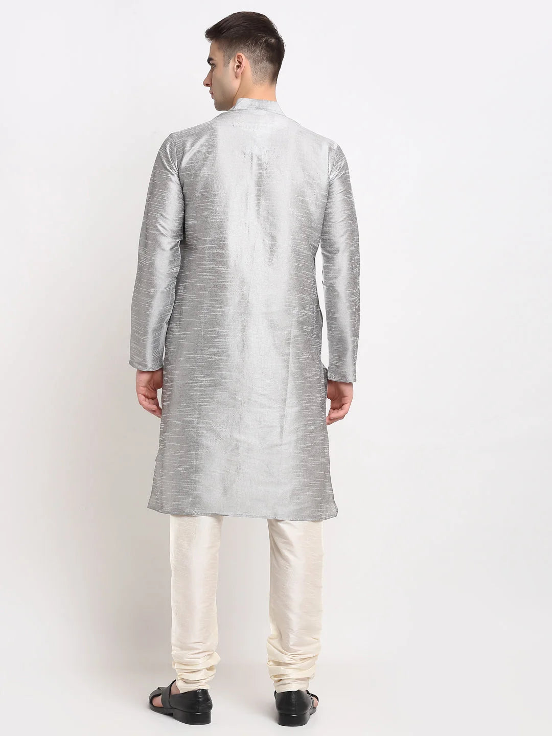 Silver Solid Dupion Silk Mens Kurta Pajama Set | Festive Wear