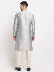 Men's Silver Solid Dupion Silk Kurta Payjama Set