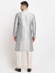 Men's Silver Solid Dupion Silk Kurta Only