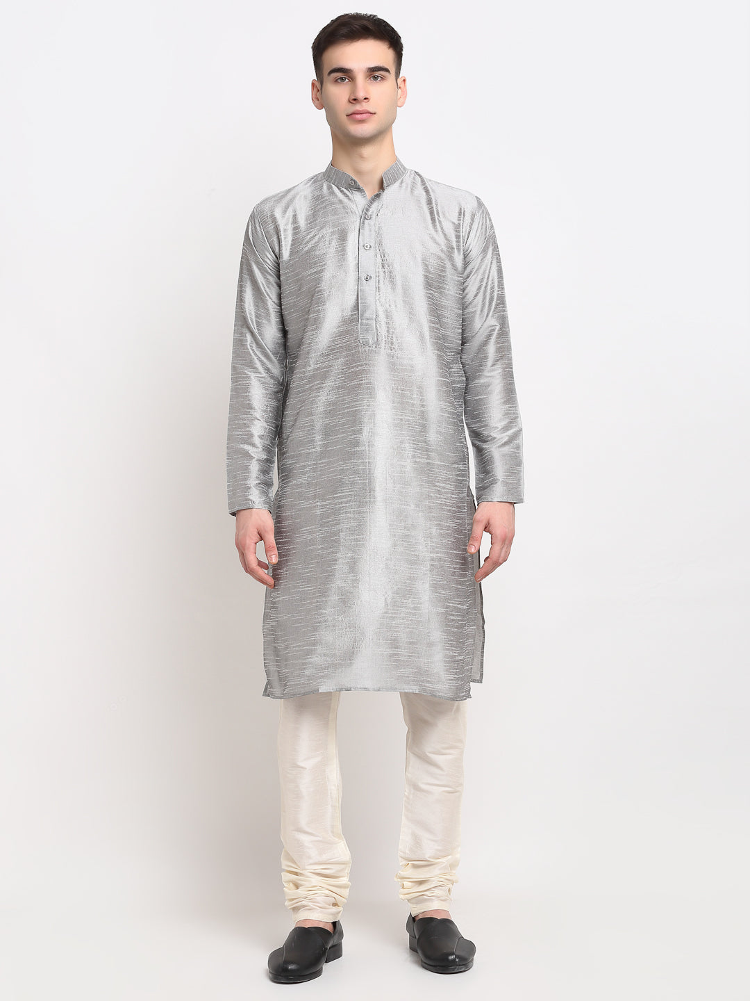 Silver Solid Dupion Silk Mens Kurta Pajama Set | Festive Wear