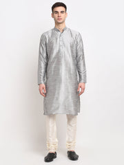 Men's Silver Solid Dupion Silk Kurta Payjama Set