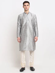 Men's Silver Solid Dupion Silk Kurta Only