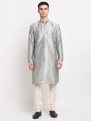 Men's Silver Solid Dupion Silk Kurta Only