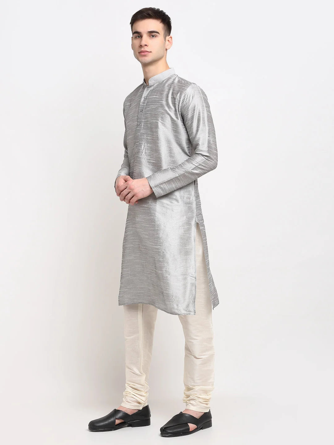 Silver Solid Dupion Silk Mens Kurta Pajama Set | Festive Wear