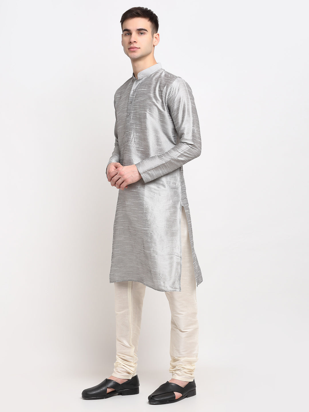Silver Solid Dupion Silk Mens Kurta Pajama Set | Festive Wear