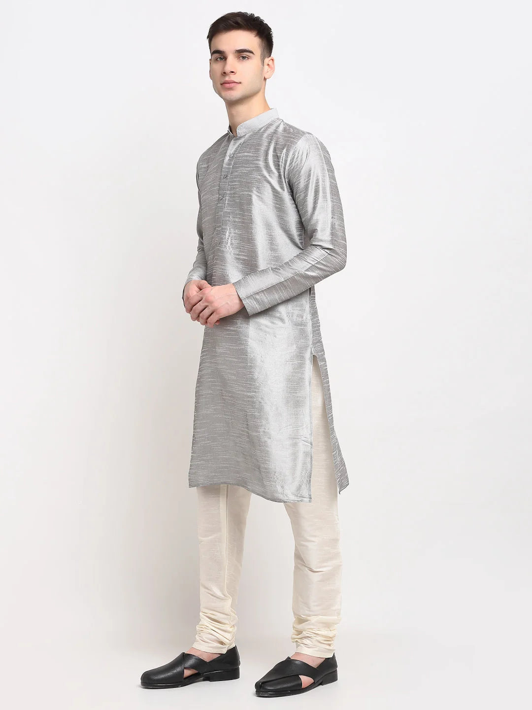 Silver Dupion Silk Men's Kurta - Indian Kurta for Men