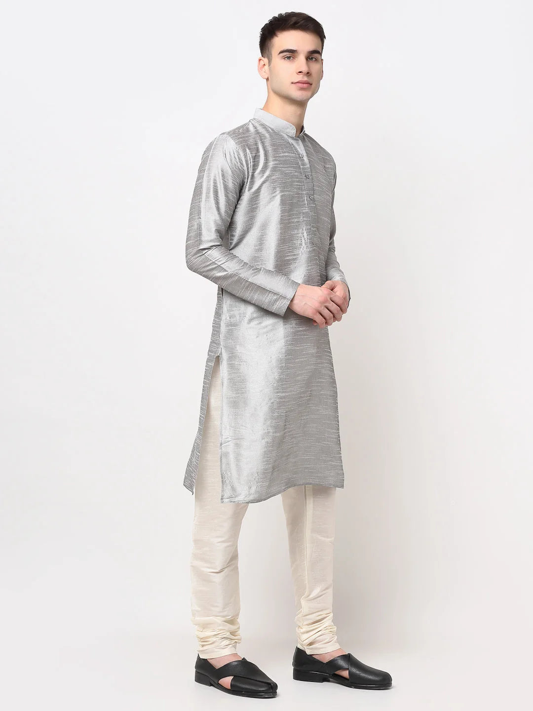Silver Solid Dupion Silk Mens Kurta Pajama Set | Festive Wear