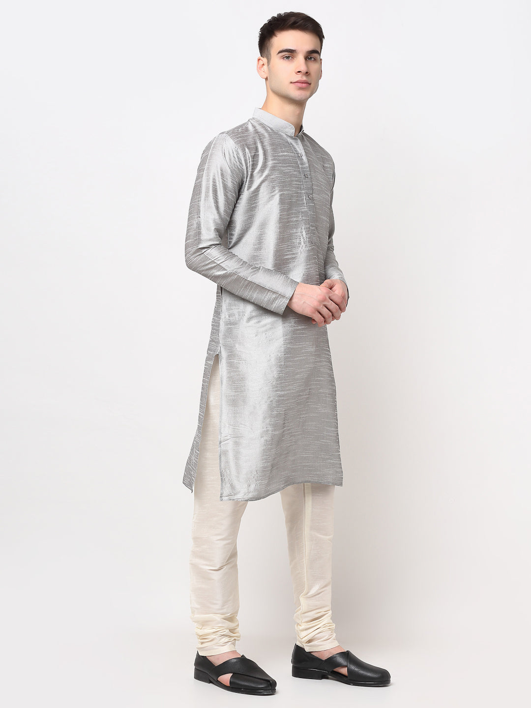 Silver Dupion Silk Men's Kurta - Indian Kurta for Men