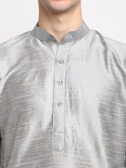 Men's Silver Solid Dupion Silk Kurta Payjama Set