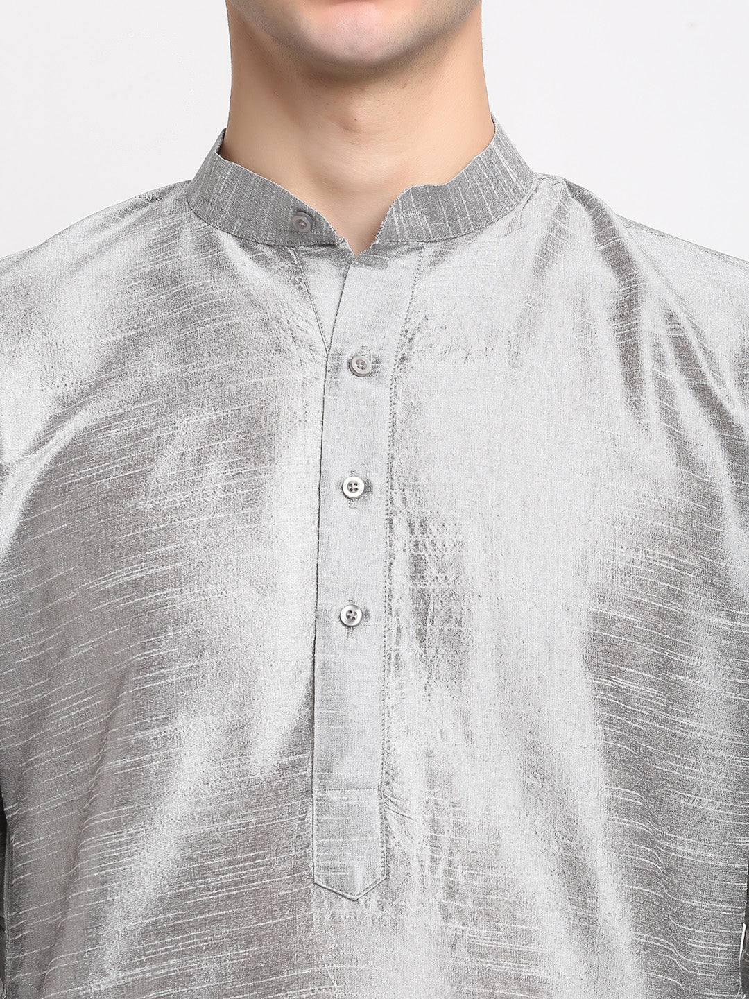 Silver Solid Dupion Silk Mens Kurta Pajama Set | Festive Wear
