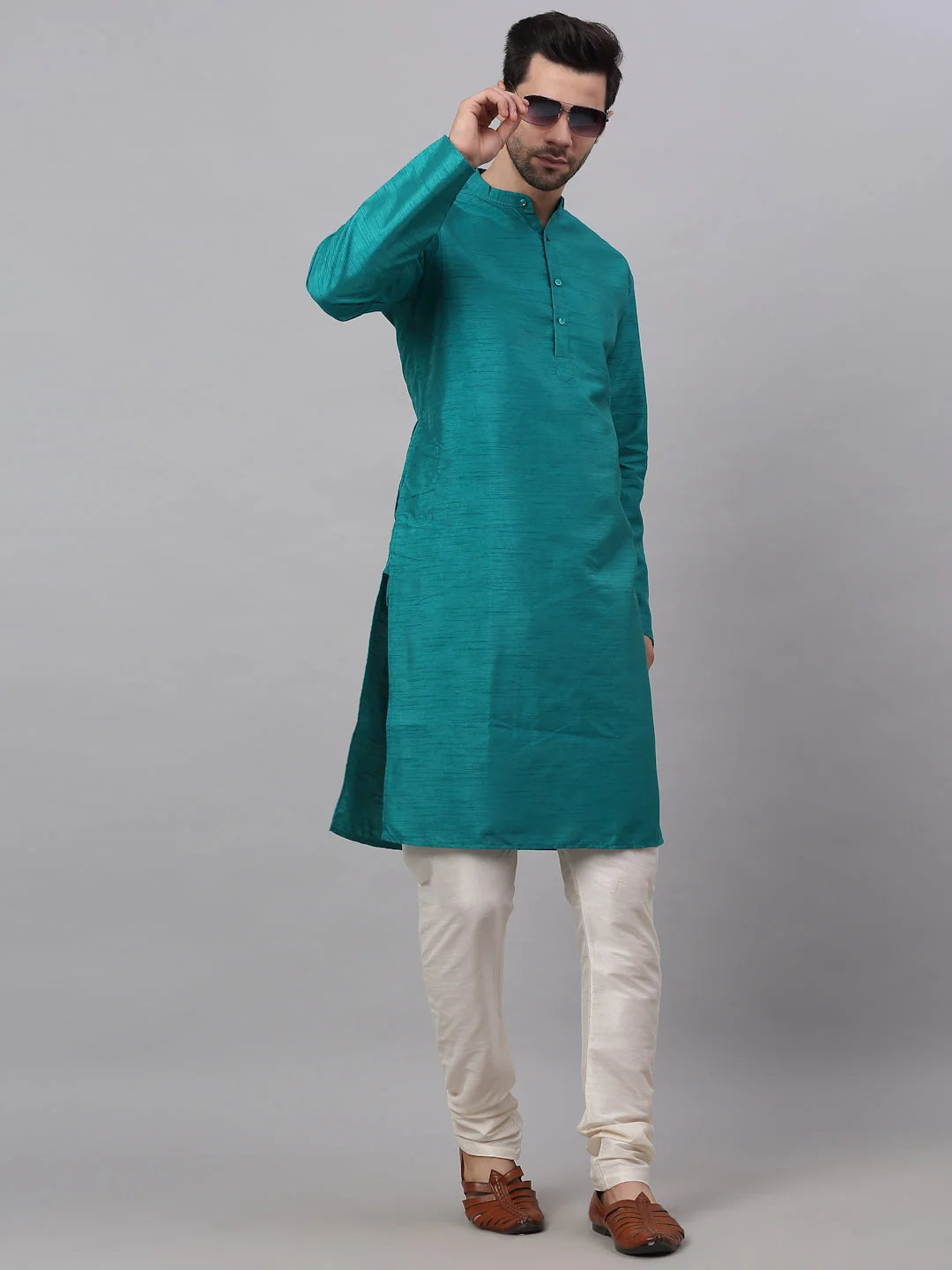 Teal Dupion Silk Kurta Pajama Set for Men | Ethnic Fashion