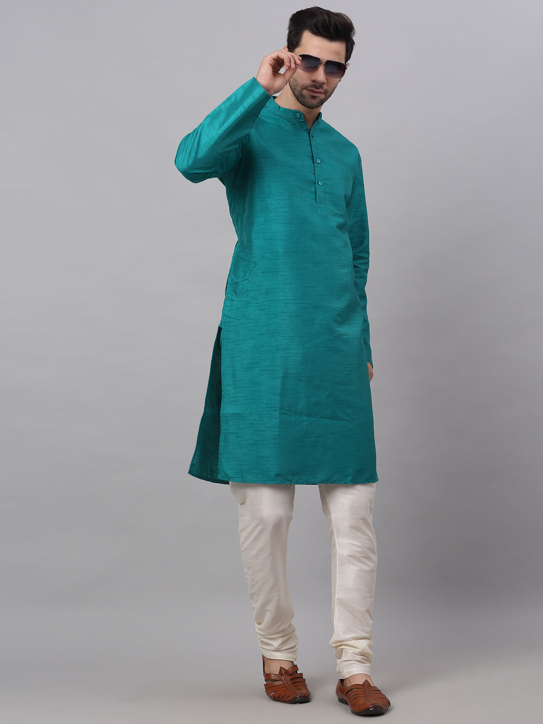 Teal Dupion Silk Kurta Pajama Set for Men | Ethnic Fashion