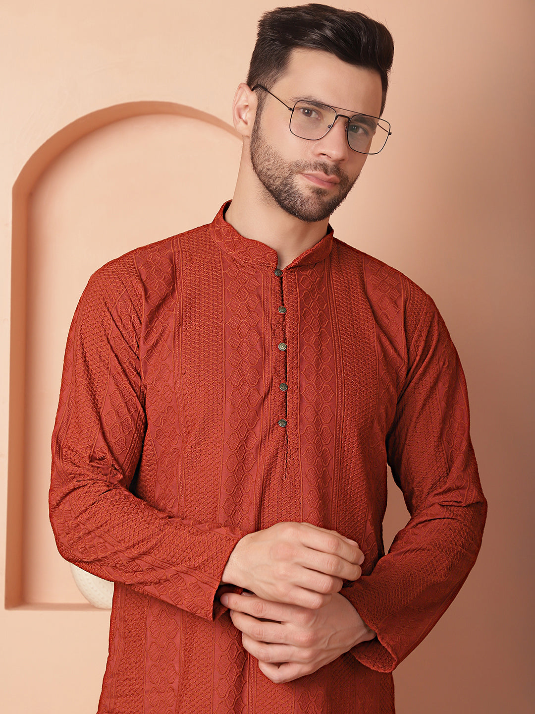 Brown Chikankari Cotton Mens Kurta Pajama Set | Ethnic Style
