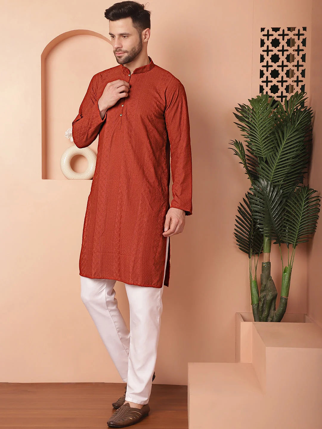Brown Chikankari Cotton Mens Kurta Pajama Set | Ethnic Style