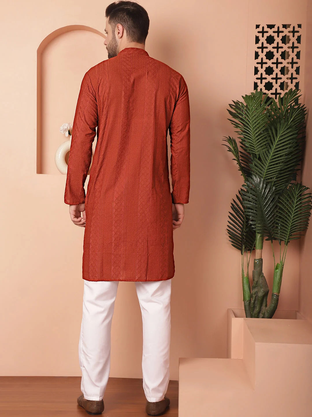 Brown Chikankari Cotton Mens Kurta Pajama Set | Ethnic Style