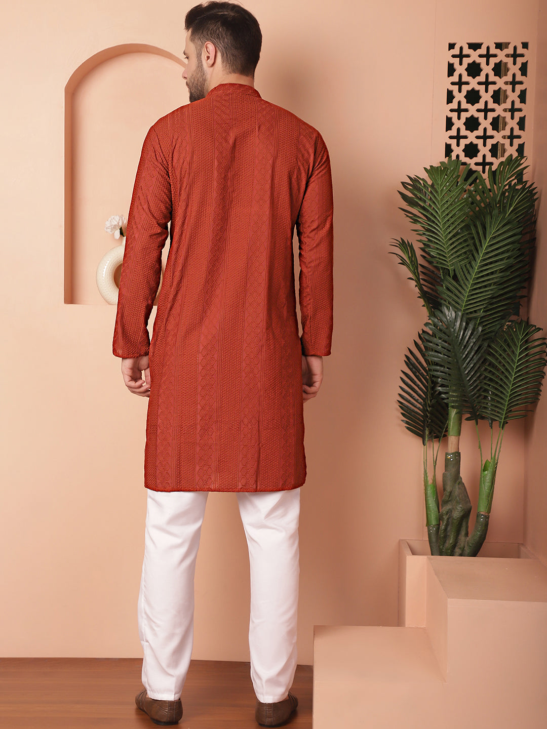 Brown Chikankari Cotton Mens Kurta Pajama Set | Ethnic Style