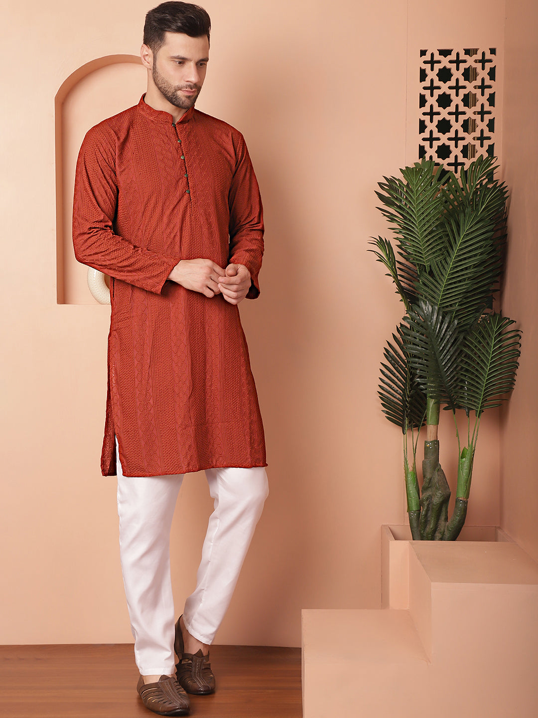 Brown Chikankari Cotton Mens Kurta Pajama Set | Ethnic Style