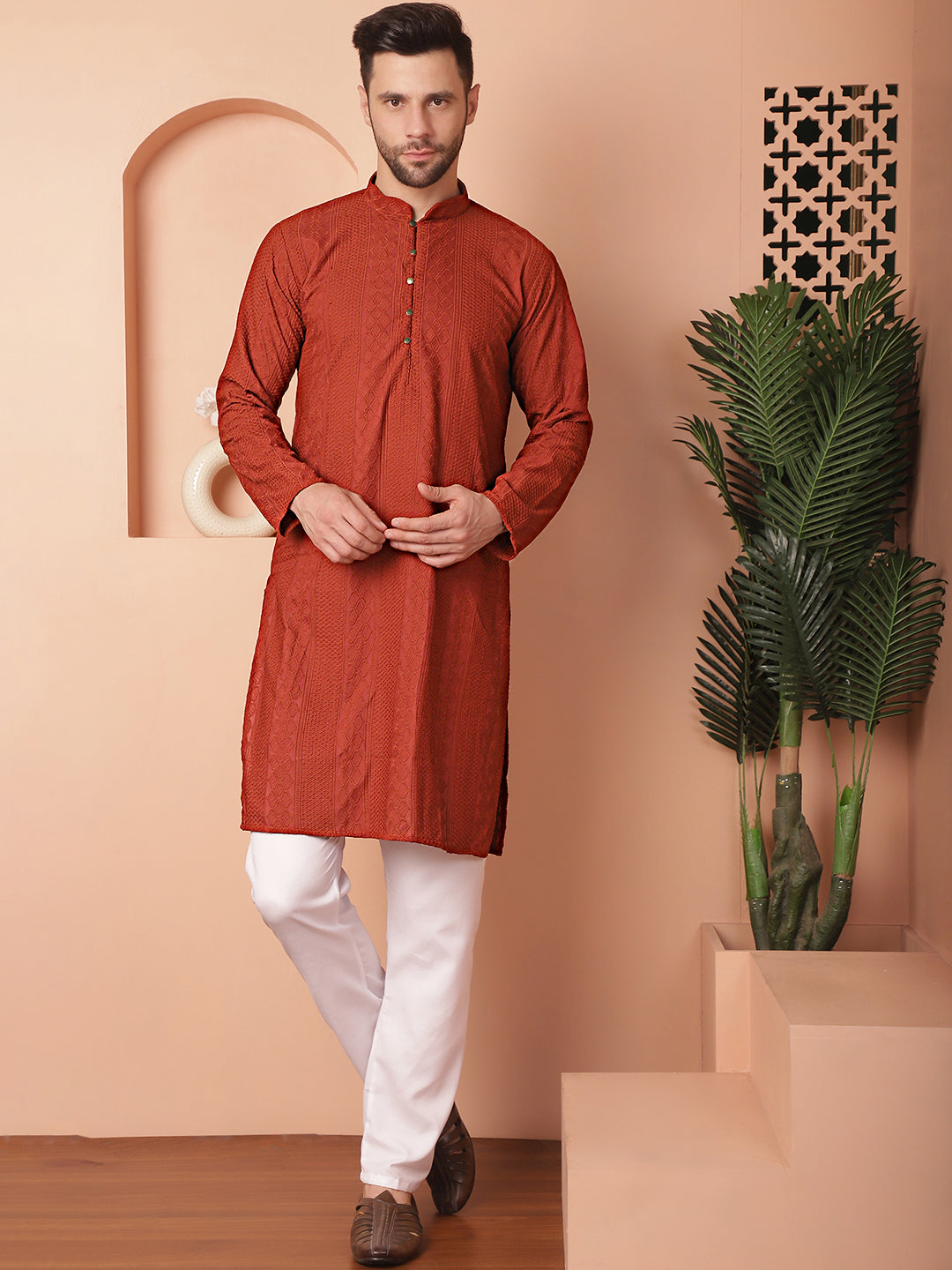 Brown Chikankari Cotton Mens Kurta Pajama Set | Ethnic Style