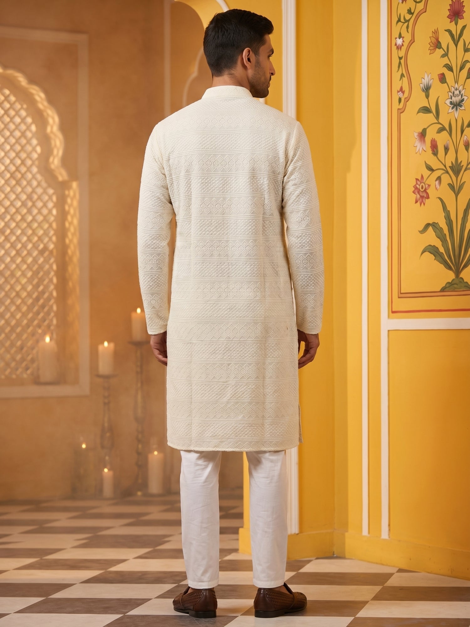 DesiQlo Men Embroidered Kurta Pyjama Set - Beige - JOKP_P_640Cream_S