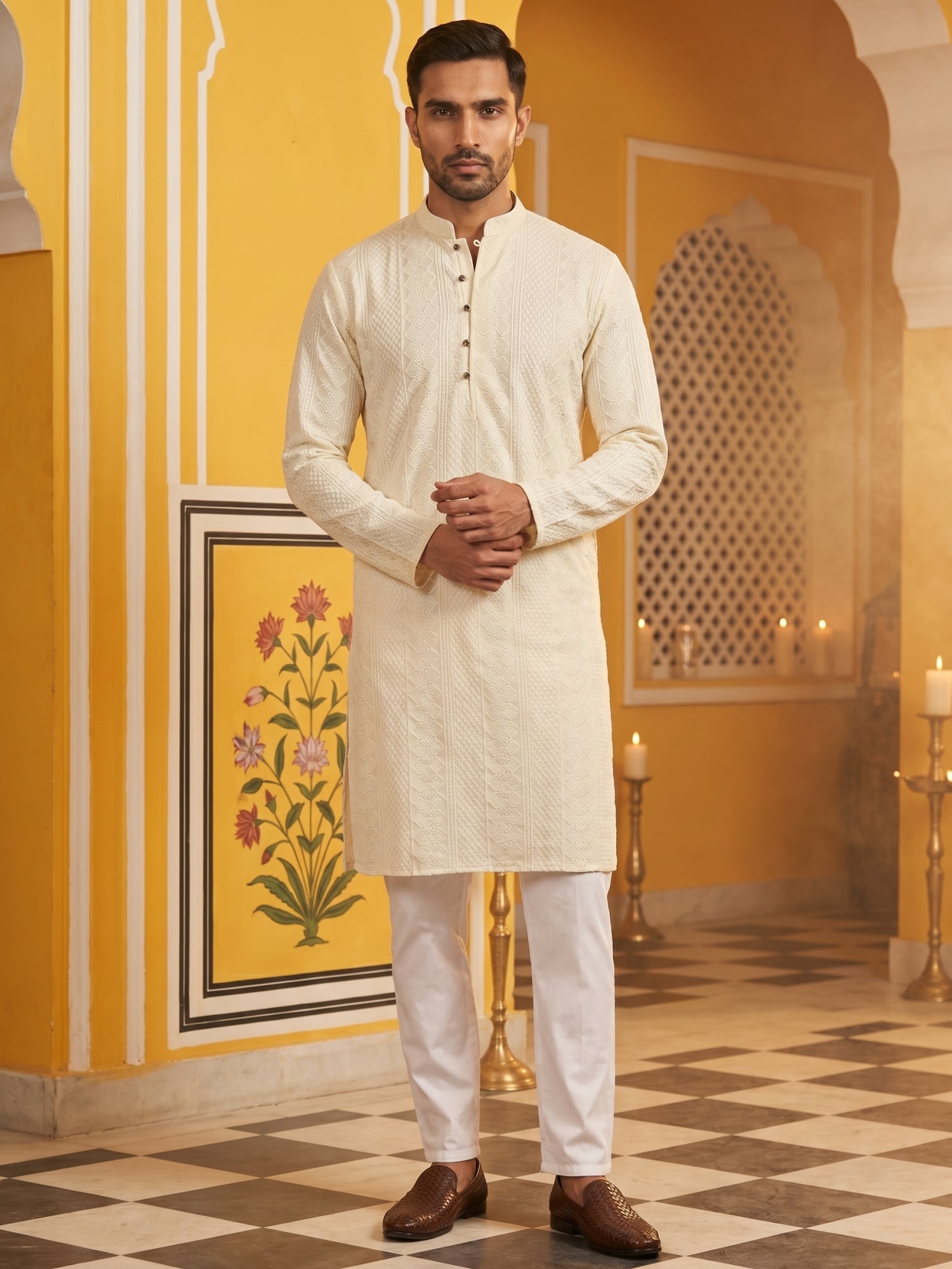 DesiQlo Men Embroidered Kurta Pyjama Set - Beige - JOKP_P_640Cream_S