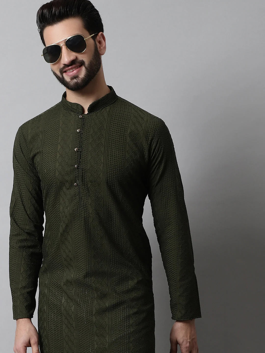 Men's Embroiderd Kurta Pajama ( JOKP 640Olive )-JOKP-640