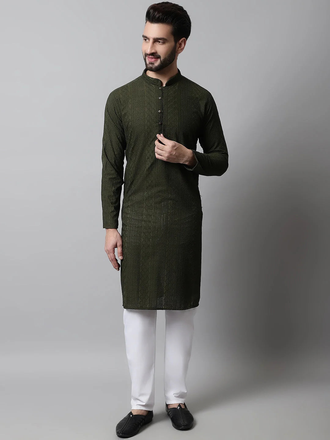 Men's Embroidered Kurta Pajama Set | Olive Cotton Blend