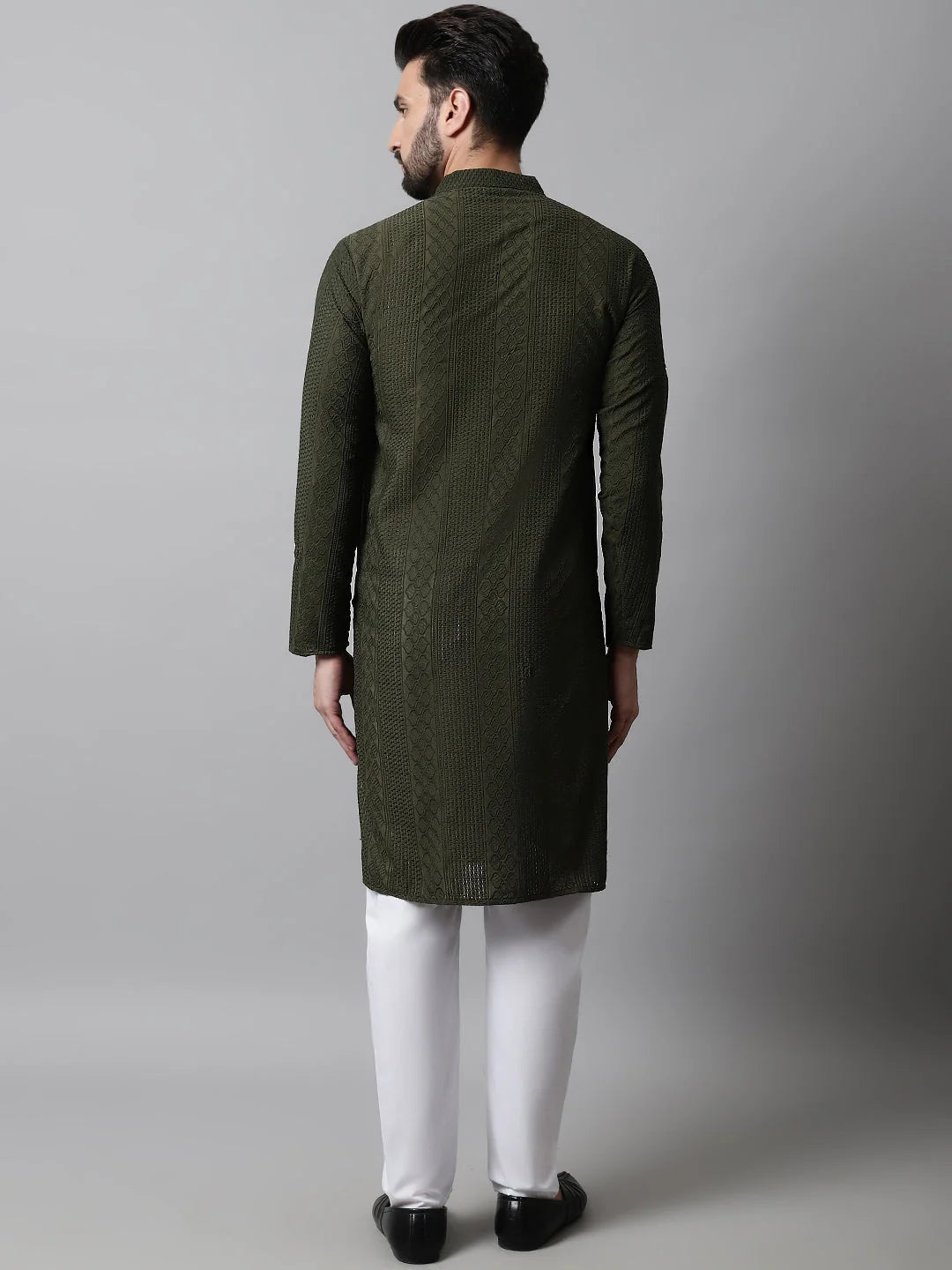 Men's Embroidered Kurta Pajama Set | Olive Cotton Blend