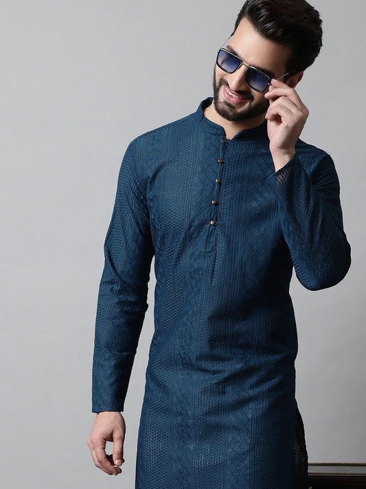 Men's Embroiderd Kurta Pajama ( JOKP 640Teal )-JOKP-640 1080