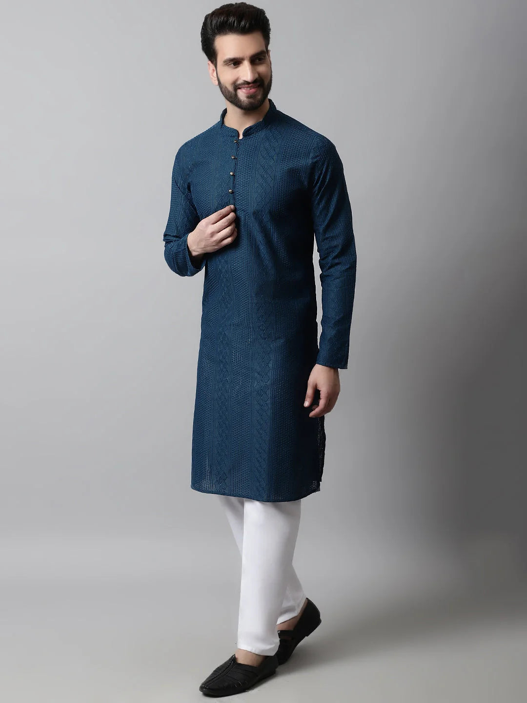 Teal Embroidered Kurta Pajama Set for Men | Cotton Blend
