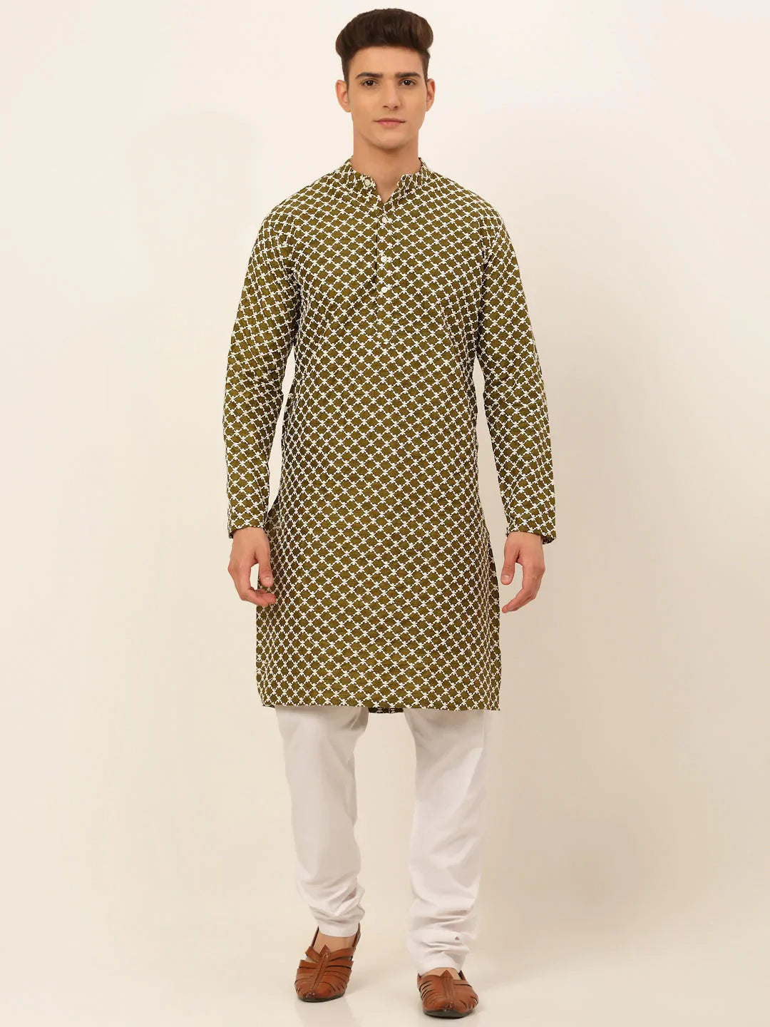 DesiQlo Men Olive Green Chikankari Kurta with Churidar ( JOKP 641 Olive ) [FF] [I-1-4]