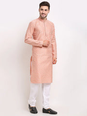 DesiQlo Men Peach Chikankari Kurta with Churidar ( JOKP 641 Peach ) [FF] [I-1-4]