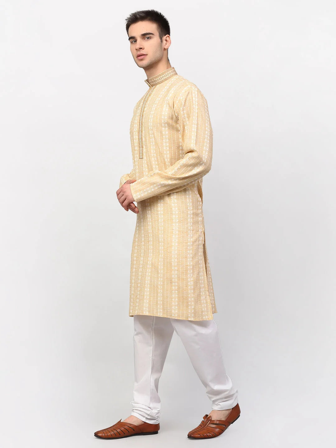 Beige Woven Mens Kurta Pajama | Cotton Fabric, Classic Style