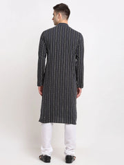 Men's Black Cotton Striped Kurta Only